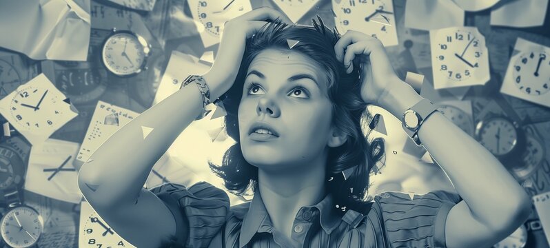Time management concept. Monochrome image of a young woman with a worried expression surrounded by floating clocks, representing stress or time passing.