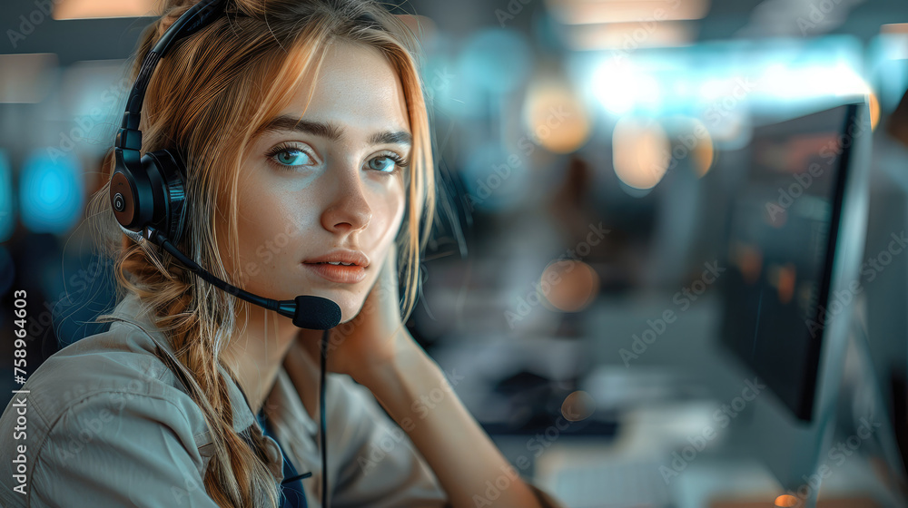 Aufkleber dedicated woman call center worker with headset on working on computer. generative ai.