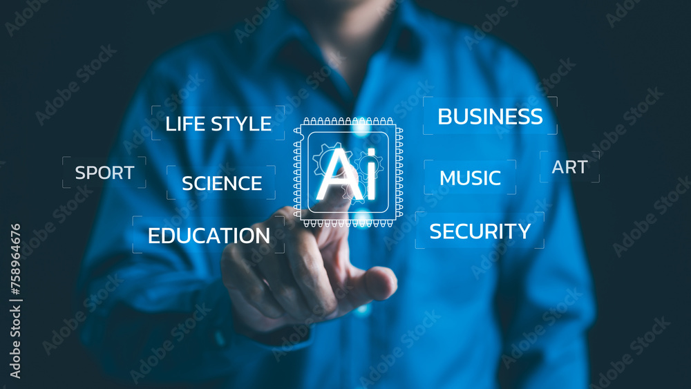 Poster ai artificial intelligence. a person interacting with a holographic interface showcasing ai's influe