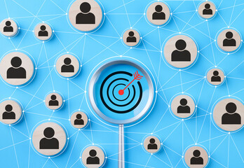 CRM, Customer relationship management concept. Graphic illustration of customer profiles connected...