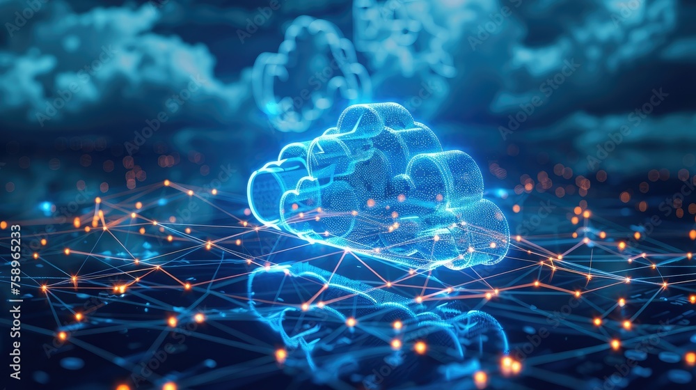 Fototapete data transfer cloud computing technology. there is a large prominent cloud icon in the center with i