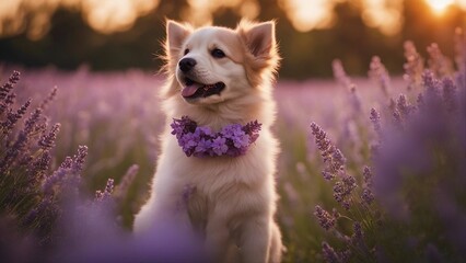 golden retriever A dancing puppy with a flower garland around its neck, sitting in a field of lavender,  