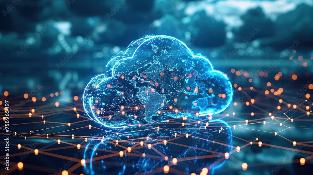 Leinwandbilder Data transfer cloud computing technology. There is a large prominent cloud icon in the center with internal connections. and small icon on abstract world map polygon. Generative AI.