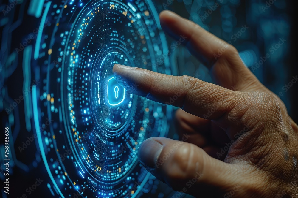Poster businessman use forefinger touching security button on virtual screens, internet technology, artific