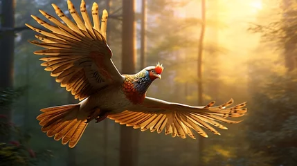 Foto op Canvas Ethereal Elegance Unfolding: A Majestic Pheasant Takes Flight, Its Plumage Awash in the Golden Glow of Dawn, Symbolizing Freedom and Grace in Nature's Grand Symphony.        © Iqra