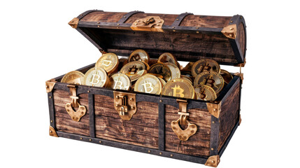 Bitcoin Token in a Treasure Chest - Cut out, Transparent background