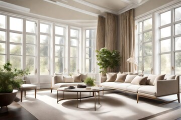 an inviting sitting area with a neutral color scheme, large windows, and plush seating, achieving a balance between elegance, comfort, and natural light.