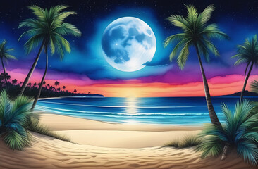 tropical beach at night under the full moon