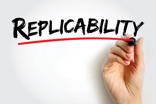 Replicability - the quality of being able to be exactly copied or reproduced, text concept background