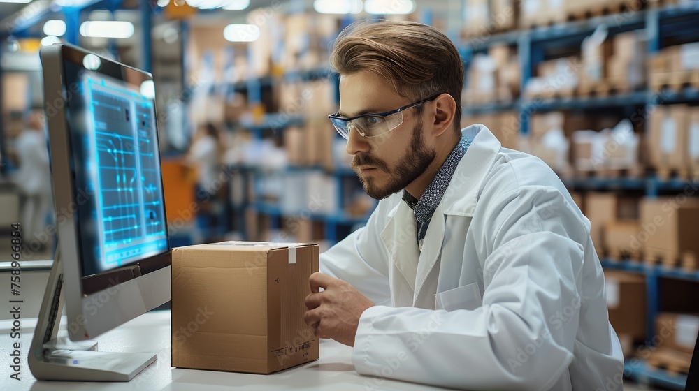 Poster Engineer in white lab coat working on desktop, looking at screen with 3D technical visualization of cardboard box, in industrial laboratory, background factory interior. Generative AI.