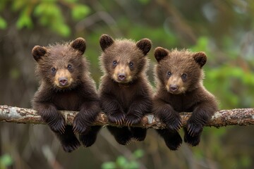 Obraz premium Bear Baby group of animals hanging out on a branch, cute, smiling, adorable