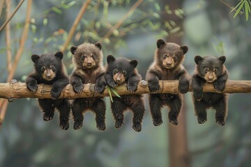 Bear Baby group of animals hanging out on a branch, cute, smiling, adorable - 758967032
