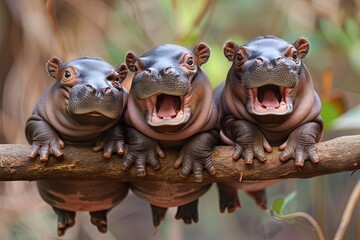 Hippo Baby group of animals hanging out on a branch, cute, smiling, adorable