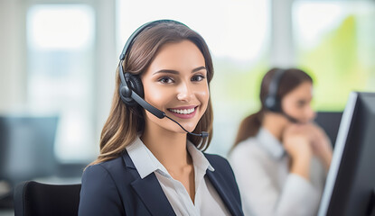 a woman  with headphone with a help desk service center