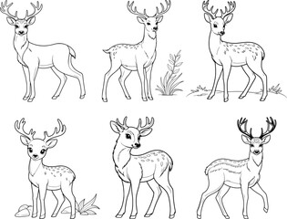 Deer set hand drawn coloring page and outline vector design