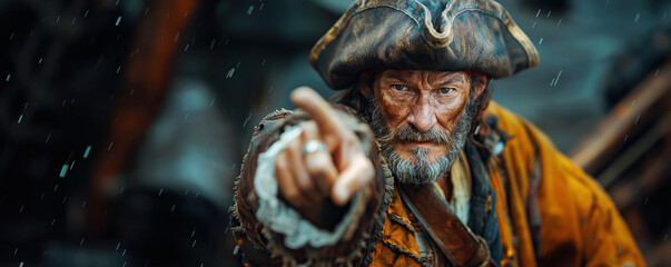 elderly pirate captain points his finger on ship at sea
