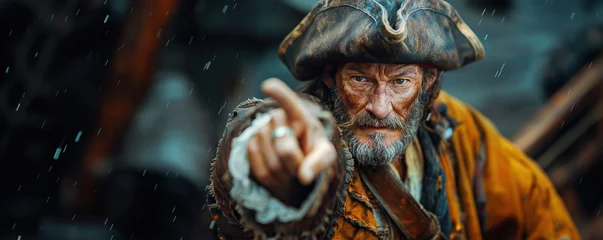 Fototapeten elderly pirate captain points his finger on ship at sea © alexkoral