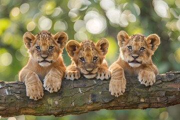 Lion Baby group of animals hanging out on a branch, cute, smiling, adorable - 758967278