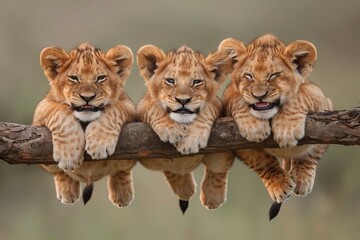 Lion Baby group of animals hanging out on a branch, cute, smiling, adorable - 758967280