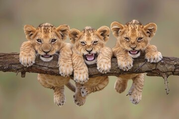 Lion Baby group of animals hanging out on a branch, cute, smiling, adorable - obrazy, fototapety, plakaty