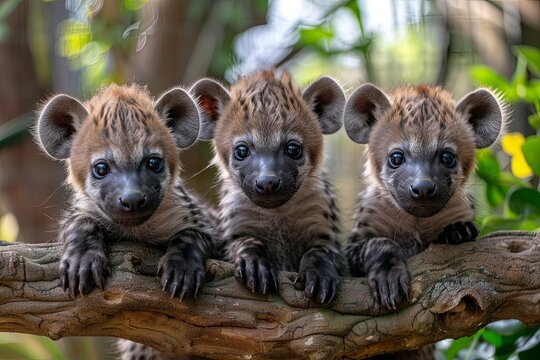 Hyena Baby group of animals hanging out on a branch, cute, smiling, adorable