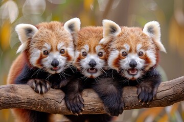 Red Panda Baby group of animals hanging out on a branch, cute, smiling, adorable - 758967415