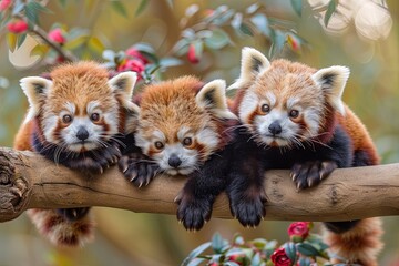 Red Panda Baby group of animals hanging out on a branch, cute, smiling, adorable
