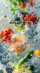 Vibrant Vegetables and Fruits Floating in Water Radiate Freshness and Vitality - obrazy, fototapety, plakaty