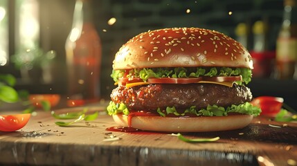 Photorealistic 3D Rendered Hamburger Elevating Fast Food Presentation with High Resolution Detail...