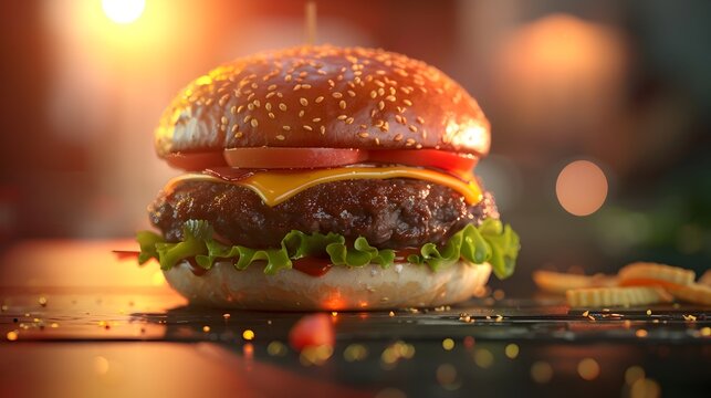 Savory Delight A Photorealistic 3D Rendering of a Juicy Hamburger Radiating Warmth and Temptation