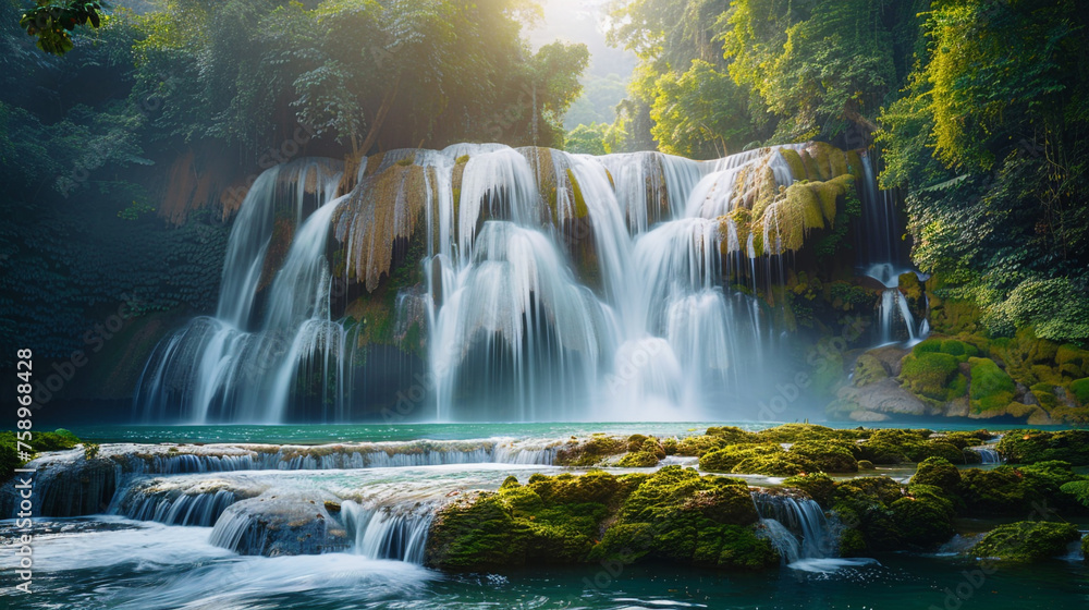 Poster a remote wilderness scene showcasing a powerful waterfall plunging into a pristine pool surrounded