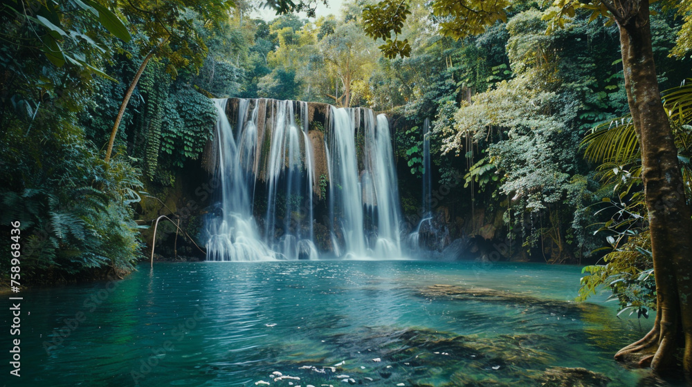 Poster a captivating scene of a cascading waterfall framed by lush foliage and towering trees in a verdant 