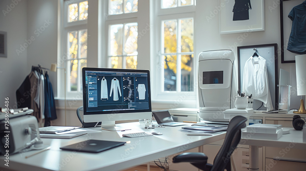 Poster designing basic clothes on laptop computer, in clean white style office. generative ai.