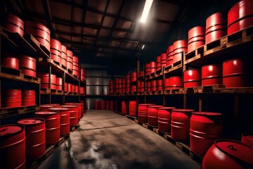 Dark warehouse with pallets holding red and black barrels or barrel containers filled with fossil...