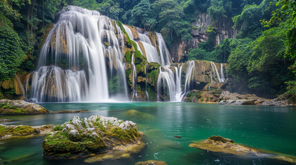 woodland panorama capturing the beauty of a cascading waterfall winding