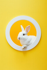A white rabbit looking out of the colored circle
