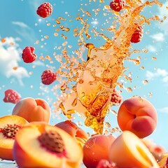 Colorful Peach and Raspberry Juice Splash Erupting in a Vibrant Sky-High Explosion
