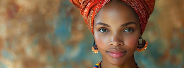 A beautiful young african woman wearing a traditional head wrap against a blue blurred grungy...