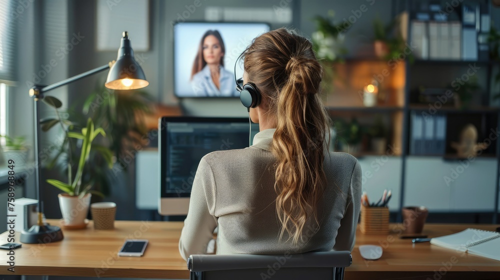 Aufkleber Female it recruiter is interviewing a candidate via a web call. Generative AI.