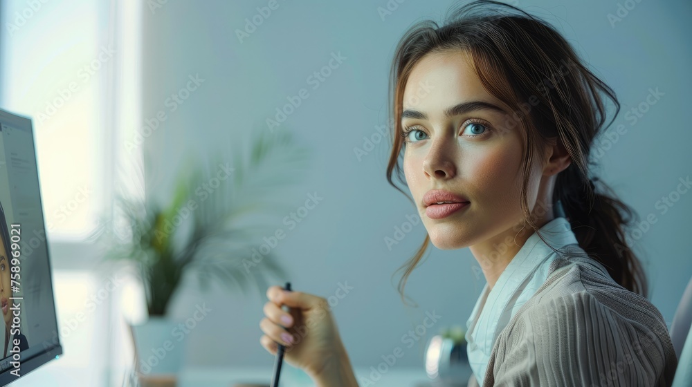 Aufkleber Female it recruiter is interviewing a candidate via a web call. Generative AI.