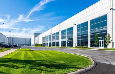 Fototapeta na wymiar Illustration of an industrial building with white walls and blue sky. There is green grass in front of the entrance, parking nearby. Asphalt access for cars on one side. Architectural design and archi