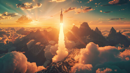 Rocket ascending over mountain peaks at sunrise with dramatic clouds. Rocket launch from Earth - obrazy, fototapety, plakaty