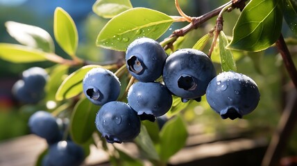 Nature's Jewel: Plump Blueberries Adorn a Verdant Branch, Their Rich Indigo Hue Against Lush Green Foliage, A Tempting Promise of Sweetness Amidst the Serenity of the Wild.






