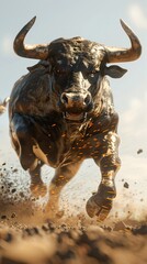 Charging bull illustration, captured in mid-charge, power and momentum embodied in every line.
