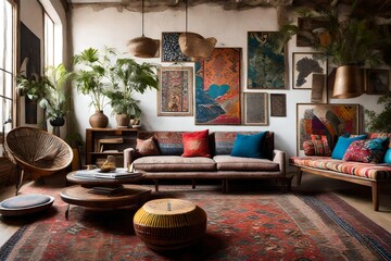 an eclectic lounge area with a mix of cultural influences, unique artwork, and vibrant textiles, showcasing the diversity and personality of the living room.