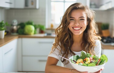 Obraz na płótnie Canvas Young smiling woman is preparing healthy food on light kitchen. Green healthy food concept