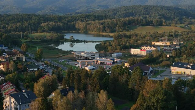 . Beautiful Landscape Ponds Mountains Lesko Aerial View Poland