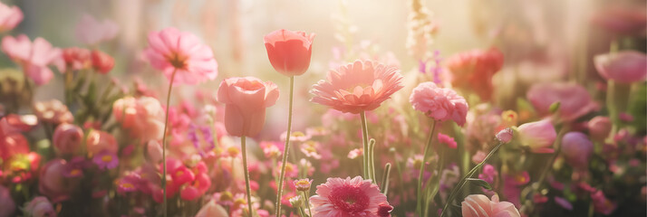 Blooming Field of Pink Tulips and Wildflowers at Golden Hour - obrazy, fototapety, plakaty
