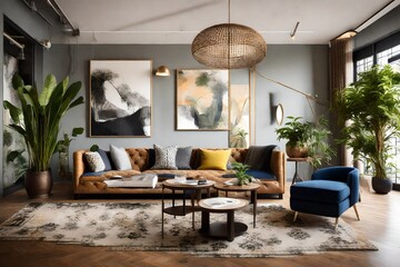 a contemporary lounge with a mix of eclectic furnishings, artistic decor, and a touch of greenery, showcasing the versatility of interior design. - obrazy, fototapety, plakaty