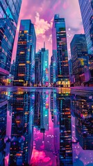 Obraz premium Gleaming skyscrapers at dusk, neon reflections, wide-angle, vibrant HDR, Hyper realistic